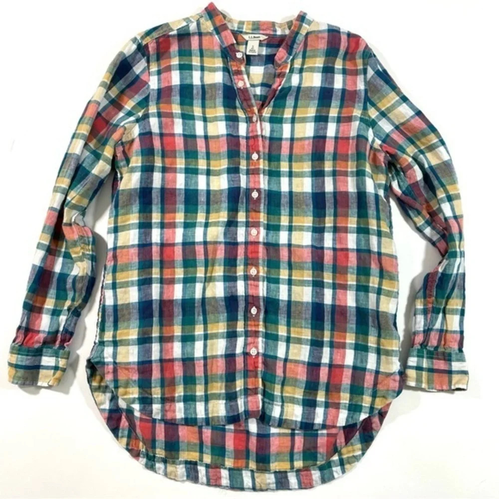 LL Bean Linen V Neck Button Front Tunic Shirt Plaid